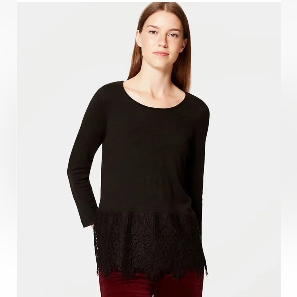 Ann Taylor LOFT 3/4 Sleeve Black Lace Hem Tie Neck Sweater Small Whimsigoth Goth - Picture 7 of 7